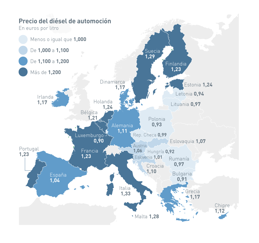 Precio gasolina Europa mapa diésel