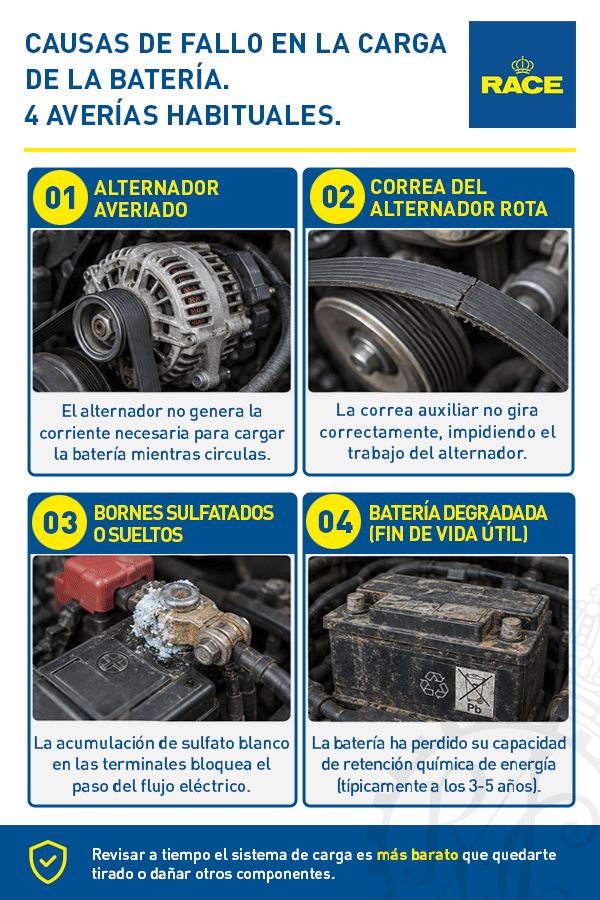 Causas por las que la batería del coche no carga correctamente